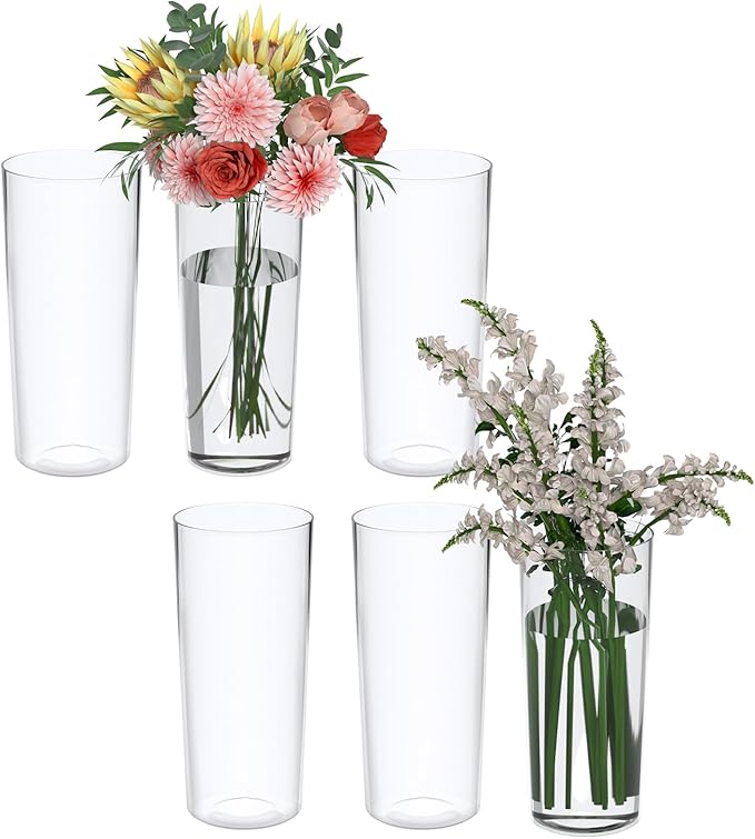 Sadstory Clear Tall Cylinder Flower Vase, Clear Acrylic Table Vase for Centerpieces, 6 Packs