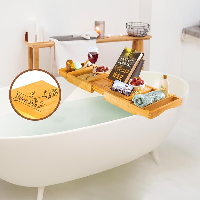Personalized Bathtub Tray - Custom Engraved Foldable Bamboo Bath Caddy, Expandable Tub Tray Bath Table, for Mom Personalized Mom Birthday Gift, for Wife Gift for Her