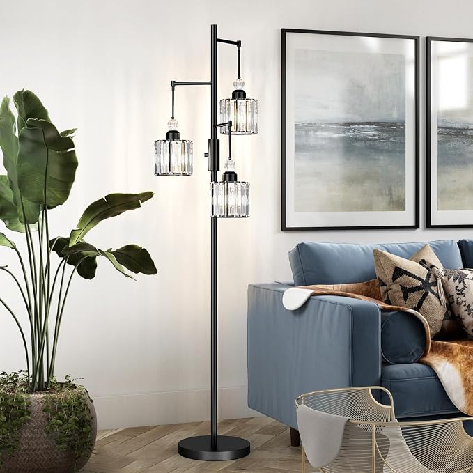 Black Tree Floor Lamp with 3 Crystal Cage Lampshades & Dimmable Bulbs - 70" Vintage Glam Standing Lamp for Living Room Bedroom, Industrial Modern Decor with Crystal Ball Accents (Matte Black)