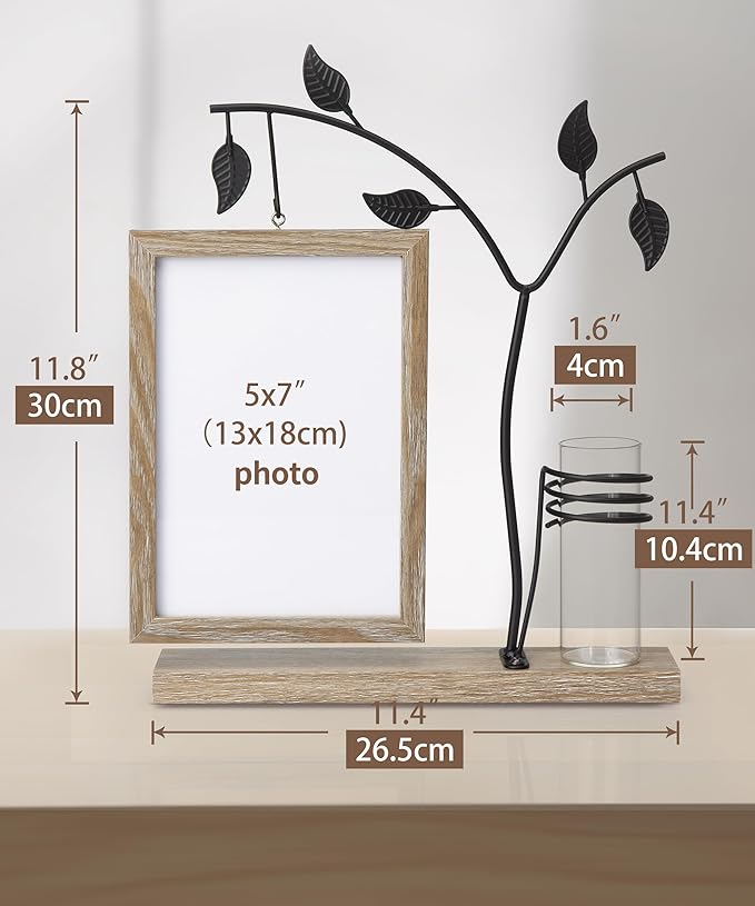 Afuly 5x7 Picture Frame with Glass Vase for Plants Flowers, Desk Picture Frames Floating Photo Frame for Office Home Decor, Unique Anniversary Mothers's Day Gifts for Grandma Mom, Light Brown