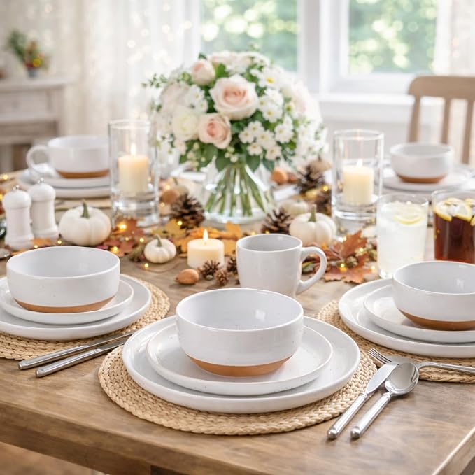 AmorArc Ceramic Dinnerware Sets with Pasta Bowls for 8, Handpainted Plates and Bowls Set with Rustic Terracotta Underside, Scratch Resistant Dishes Set, Dishwasher & Microwave Safe, 32 Pcs