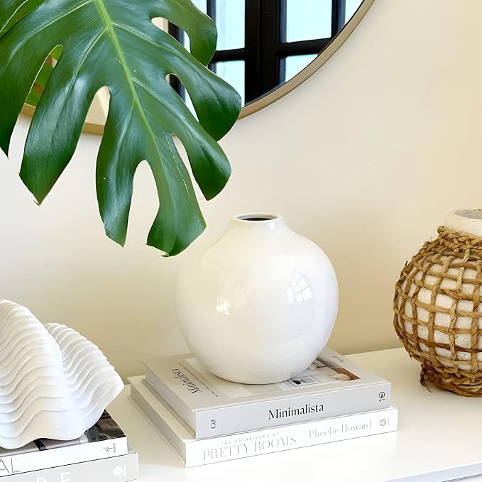 Willowy 7.5 Inch Large White Ceramic Vase with Glossy Finish - White Vases for Flowers, Round Vases for Decor, for Flower, for Pampas Grass