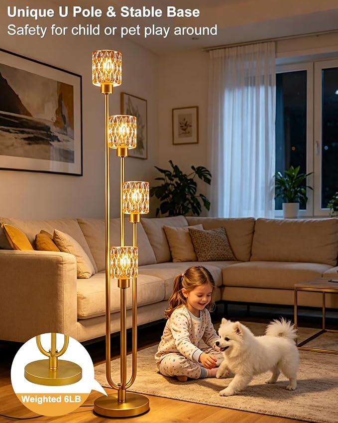 Lightdot 4-Lights Glass Floor Lamp Dimmable Gold Floor Lamps with Amber Rippled Glass Shade& Bulbs Included Unique Modern Standing Tall Lamp with 5Lbs Heavy Base for Living Room/Bedroom/Sofa Beside