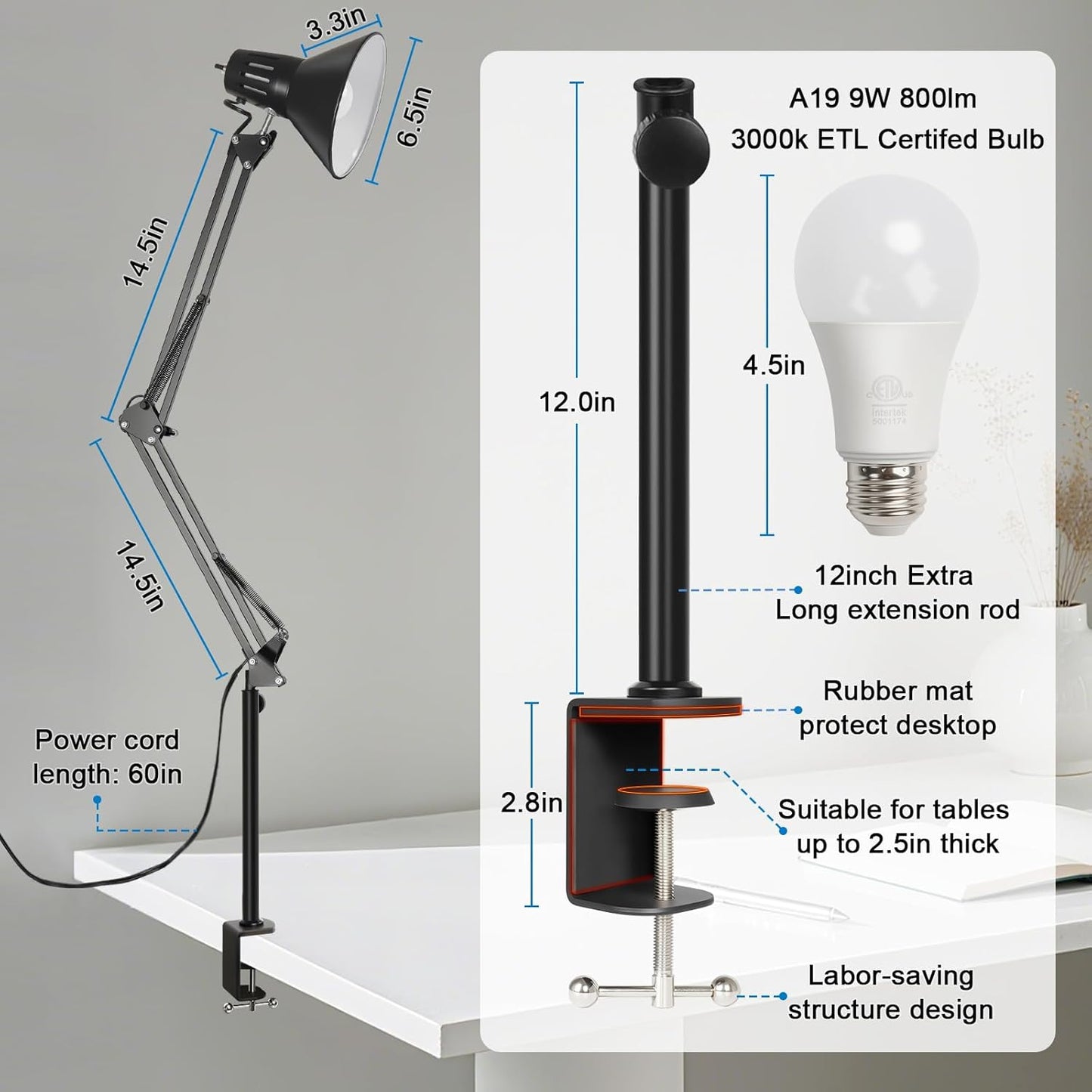 Skiennix LED Desk Lamp - 360° Adjustable Swing Arm | Eye-Caring Clamp Light for Home Office Reading