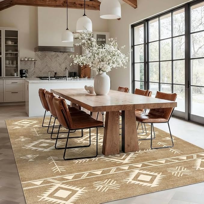 5x7 Area Rug Southwestern Tribal Geometric Rug with Non Slip Backing, Washable Low Pile Light Beige Sand Brown Carpet for Bedroom, Living Room, Dining Room, Home Office