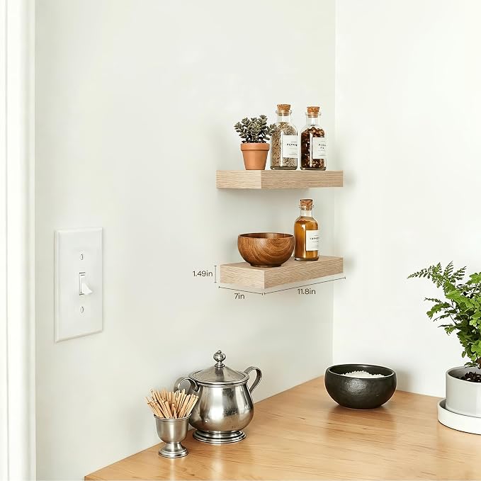 Oak Floating Shelves for Wall Set of 2, 11.8 Inch Small Wood Wall Shelves for Bathroom Over Toilet, Kitchen & Bedroom Storage, Wall Mounted Shelves for Spice Jars, Plants & Decor
