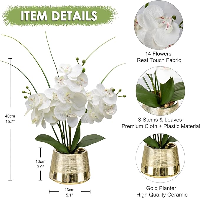 Oairse Artificial White Phalaenopsis Orchid Flower Arrangements Faux Orchid Flower in Gold Pot Orchid Centerpiece for Dining Room Table