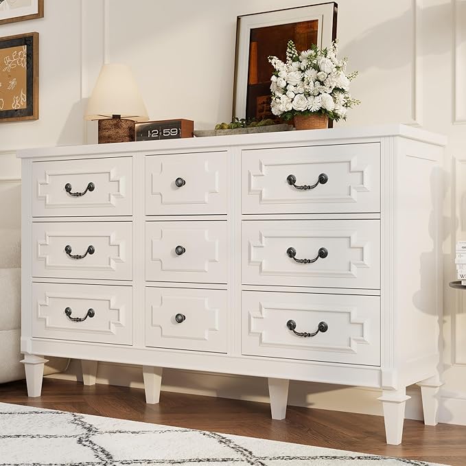 BLANKSPACE 9 Drawer Dresser for Bedroom, 35.7" Tall Dresser & Chest of Drawers wtih Vintage Surface, Closet Storage Cabinet for Living Room, Hallway, White