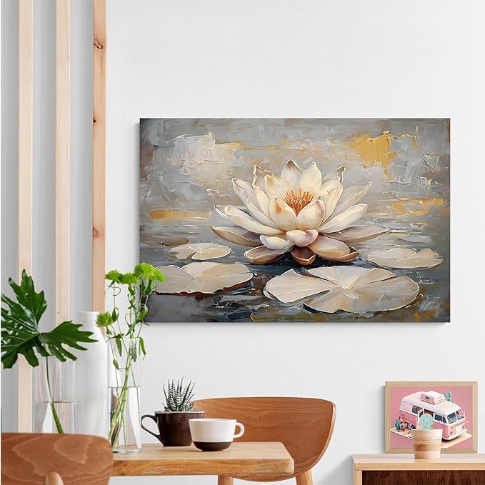 Ethereal white lotus floating on Crystal Waters poster vintage oil painting printwall art soft blush and gold accents serene home and office decor dreamy 24x36in Frameless