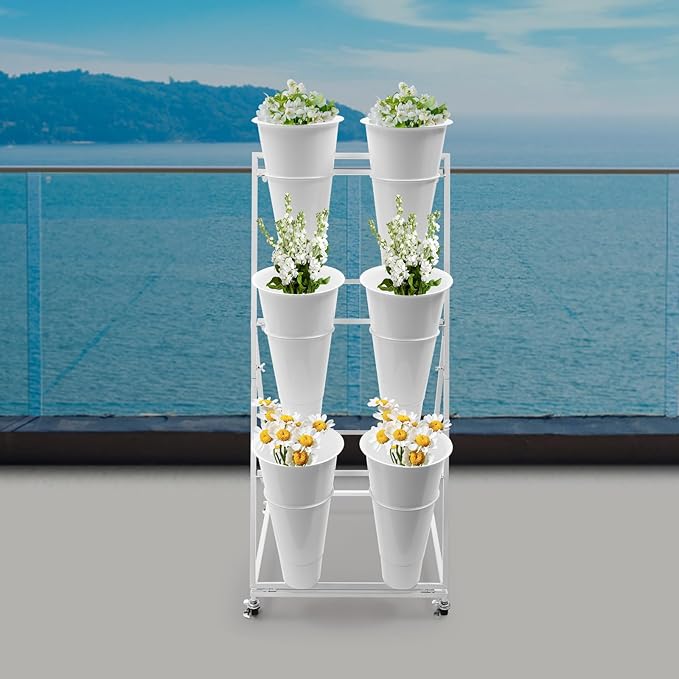 DYRABREST Flower Display Stand with Buckets, 3 Layers Metal Plant Stand with 6 Pieces Buckets, Moving Florist Bouquet Shelf for Fresh Flower Shop, for Patio Garden, Outdoor Flower Pop-Up Events