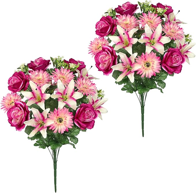 Hollyone Set of 2 Artificial Cemetery Flower for Graves Purple Pink Cemetery Memorial Flowers for Outdoor Grave Decorations Silk Flower Arrangements Rose Lily Gerbera Floral Flowers Bouquets