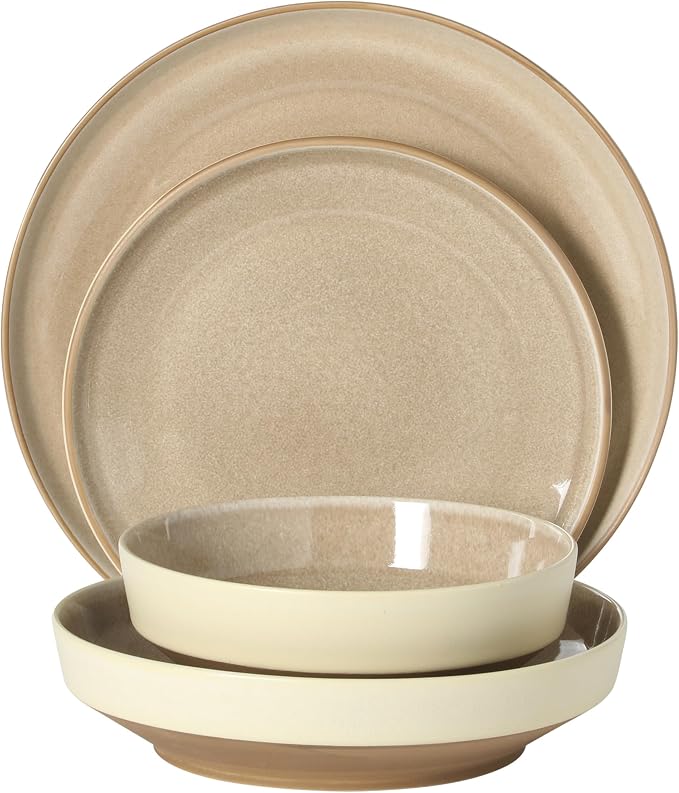 Gibson Elite Octavia Place 16 Piece Stoneware Dinnerware Set, Service for 4, Coupe Modern Plates & Bowls, Reactive Glaze Finish, Taupe, Microwave & Dishwasher Safe
