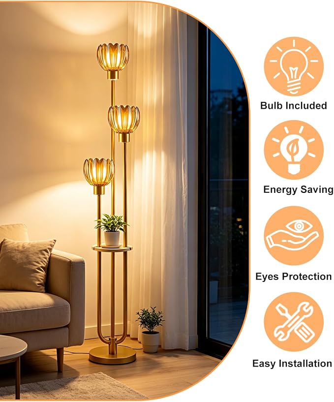 Lightdot 3-Lights Glass Floor Lamp for Living Room Modern Gold Floor Lamps with Lotus Amber Glass Shade& Bulbs Included for Wedding/Party Tall Standing Lamp for Bedroom/Sofa Beside/Corner Decor