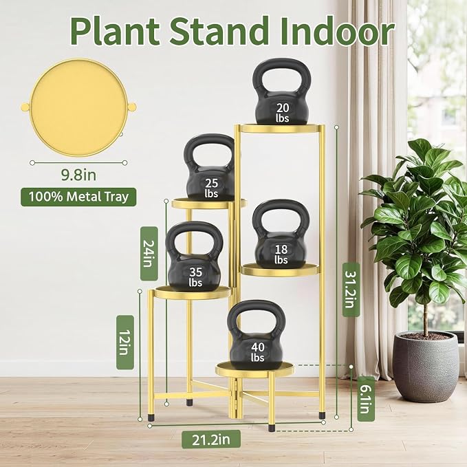 LASZOLA 5 Tier Large Plant Stand Indoor Tall with 10 Inch Metal Tray, Corner Folding Flower Display Rack, Modern Plant Holder Shelf for Outdoor Patio Porch Garden Office Living Room, Gold
