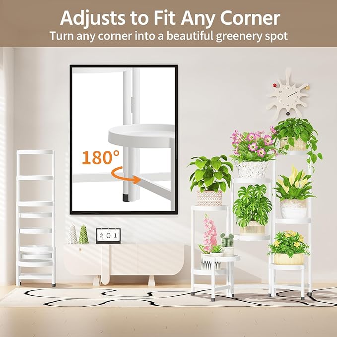 LASZOLA 8 Tiered Plant Stand Indoor Outdoor with Plastic Tray, Corner Folding Tall Flower Display Rack, Modern Plant Holder Shelf for Outdoor Patio Porch Garden Office Living Room, White