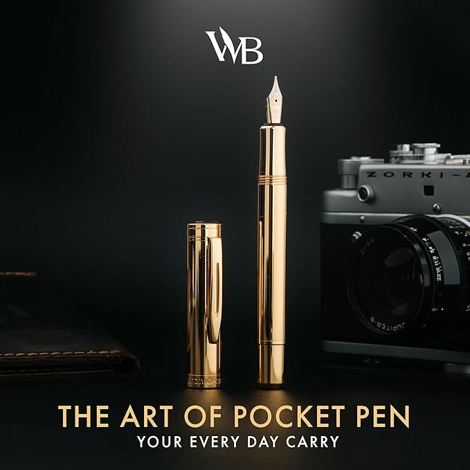 Wordsworth and Black Fountain Pen Mini EDC: Luxury Gold Heavy Pocket Pen, Gold Finish, Medium Nib, 6 Ink Cartridges, Ink Converter, Travel Refillable Writing Pen Gift Set, Men & Women