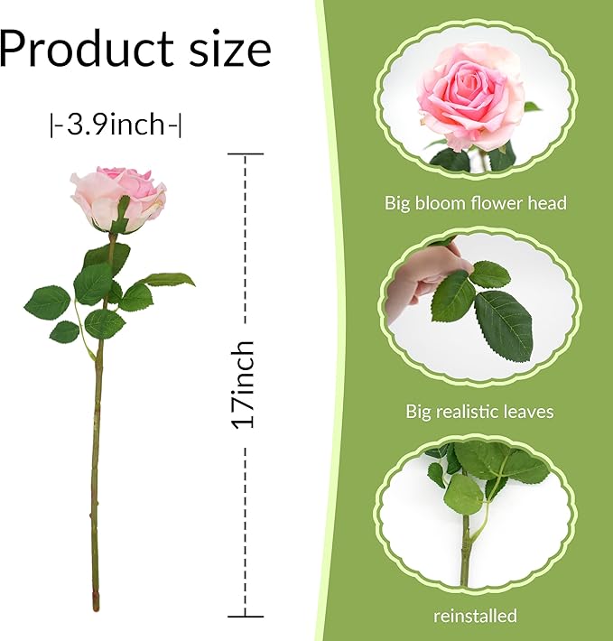 6 Pcs Silk Real Touch Latex Roses, Artificial Single Stem Big Bloom Faux Roses for Home Party Office Wedding Indoor Decor, Floral Arrangements, Table Centerpieces