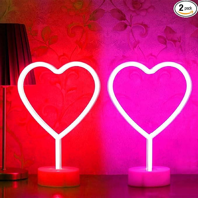 BHCLIGHT 1PK Pink & 1PK Red Heart Neon Sign, Valentines Day LED Neon Light Battery Operated or USB Powered Valentines Heart Lights, Table Lamp for Galentines Day Decorations, Gifts for Women, Lover.