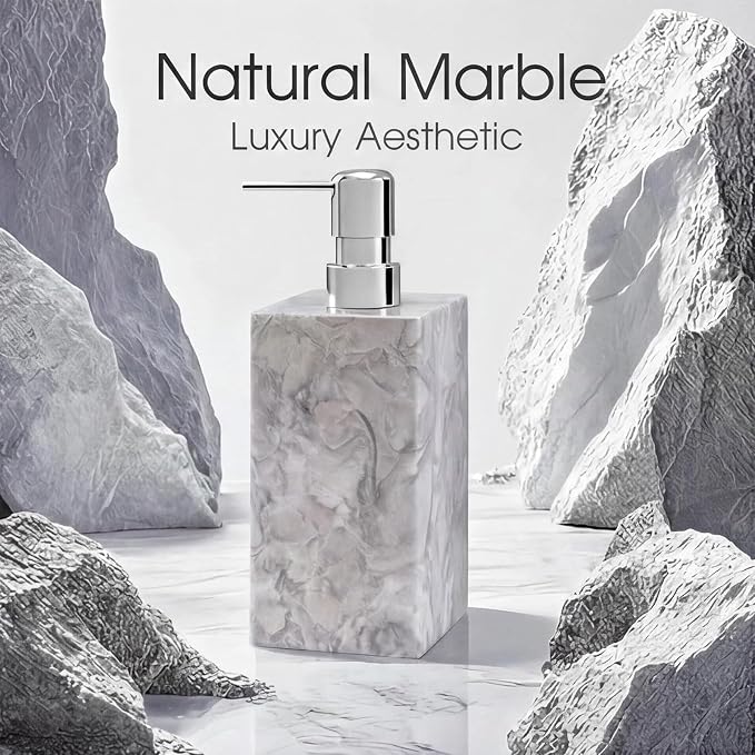 2 Set Real Natural Marble Soap Dispenser with Stainless Steel Pump – Decorative Liquid Hand Soap Bottle for Kitchen & Bathroom, Compatible with Lotion, Dish Soap & Shower Gel (Grey)