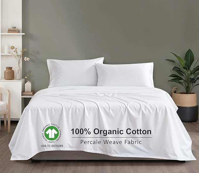 RUVANTI 100% Organic Cotton Sheets King Size, Percale Weave, GOTS Certified, 4-Piece Set, Deep Pocket 15", Crisp & Breathable, Soft Durable Bedding, Sábanas Algodón Orgánico – Bright White