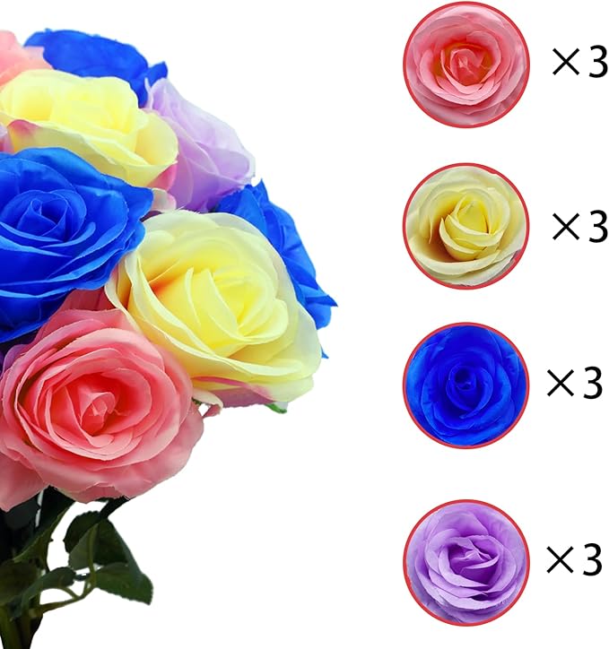 12 PCS Rose Artificial Silk Flowers, Fake Roses with Long Stems Realistic Faux Rose Flower Bouquets for Home Wedding Decoration Party-Mix Color