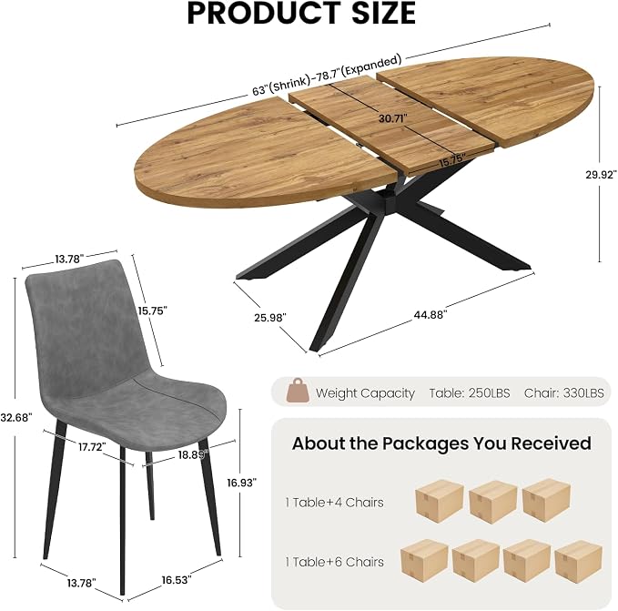 63"-78.7" Extendable Round Dining Table Set for 6, 7 Piece Mid Century Modern Oval Kitchen Table Set, Large Dining Table with 6 Dining Chairs for Living Room Space Saving（Walnut Table+6 Grey Chairs)