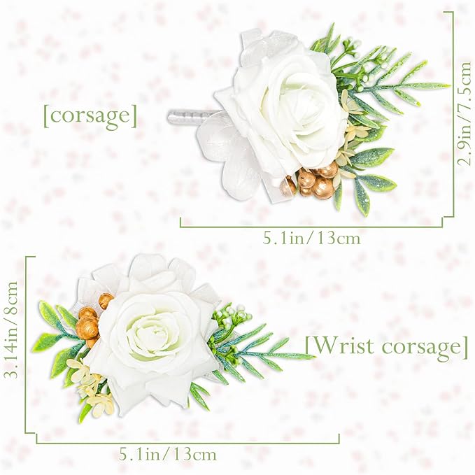 2 Pcs White Wrist Corsage and Boutonniere Set, Rose Corsage Hand for Women, Boutonniere for Men Wedding Flowers Accessories Prom Decor Party Suit Decoration (White)