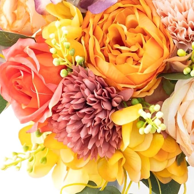 ASTRYAS 2 PCS Fall Peonies Artificial Flowers Bouquet, Yellow Fake Roses Silk Mums Fall Floral Arrangements for Autumn Home Decor Indoor Table Centerpieces Decoration