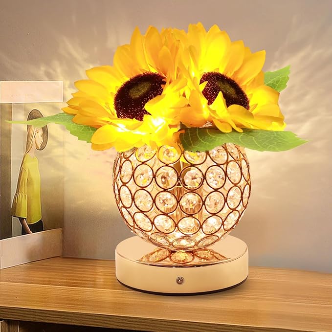 Birthday Gifts for Women,Sunflower Flower Touch Lamp,Rechargeable Cordless 3-Colour Dimming Night Light for Festival,Restaurant,Bedroom,Office Home Decor Gifts for Mom