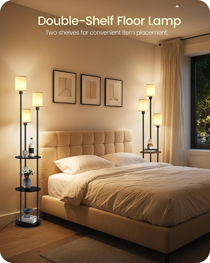 Floor Lamp with Shelves, Modern Floor Lamp with 3 Linen Shades and Foot Switch, 3-Light Standing Lamp, for Living Room, Bedroom, Study, Office, Black and Beige E53LD05