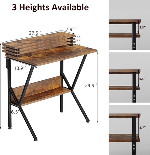 COTUBLR Small Computer Desk - 27.5 Inch Compact Study Desk with Adjustable Monitor Stand | Rustic Brown