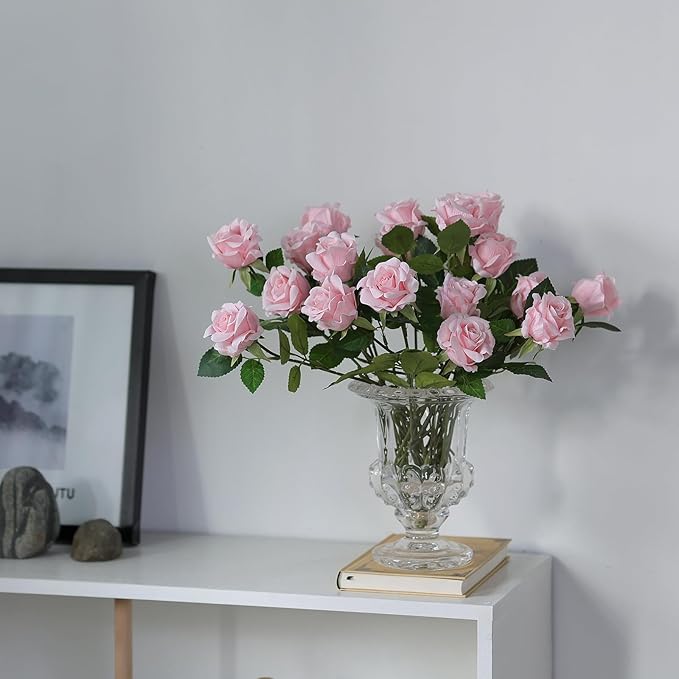 FOTEEWL 60 Pcs Artificial Rose Flower Realistic Faux Silk Roses Stem Fake Roses Bouquet for Flower Arrangement,Wedding Centerpieces,Party,Home Decorations (Pink)