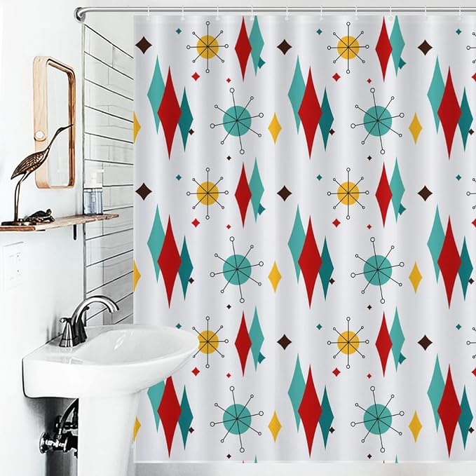 Mid Century Modern Shower Curtain,Atomic Starburst Geometric Diamond Pattern Shower Curtains Set for Bathroom Fabric Decorative Bath Curtain Washable Curtain Hooks, 72x72 in