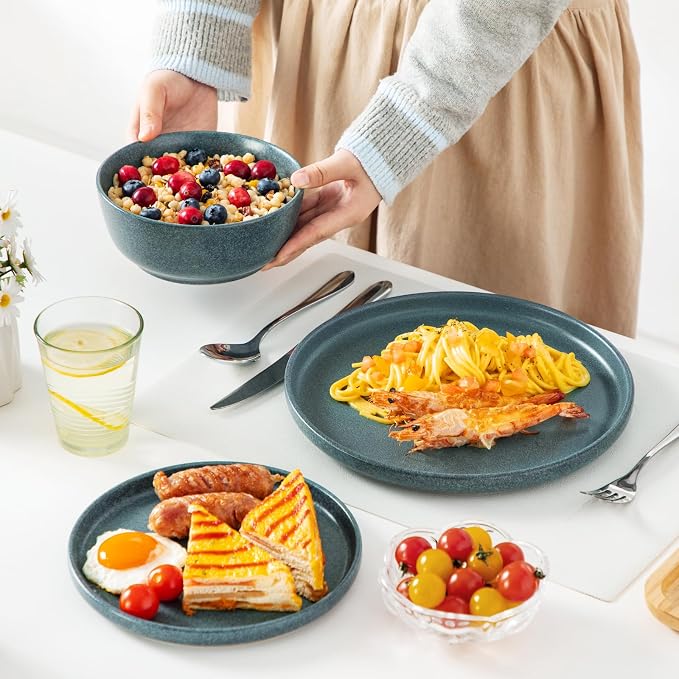vancasso Plates and Bowls Sets, 18 Pieces Stoneware Dinnerware Set for 6, Ceramic Dish Set for Kitchen, Microwave and Dishwasher Safe, Smoky Teal, Series ZERMATT