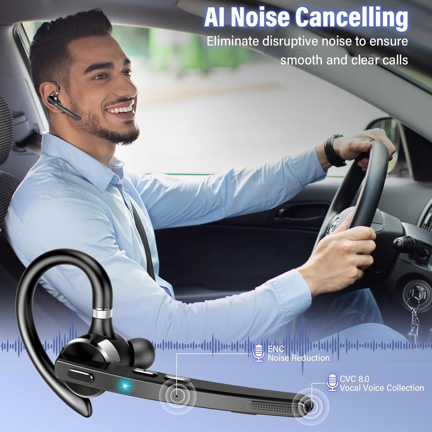 Thunelec Bluetooth Headset - Wireless 5.3 Earpiece with 90Hrs Battery Life & APTX HD Audio | Dual Noise Cancelling Mics