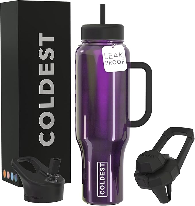 Coldest Tumbler with Handle and Straw, 100% Leak Proof Insulated Tumbler with Lid and Straw (3 Lids), Stainless Steel Tumblers for Women & Men, Cup Holder Friendly, 46 oz (Purple Iridescence)