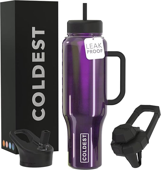 Coldest Tumbler with Handle and Straw, 100% Leak Proof Insulated Tumbler with Lid and Straw (3 Lids), Stainless Steel Tumblers for Women & Men, Cup Holder Friendly, 46 oz (Purple Iridescence)