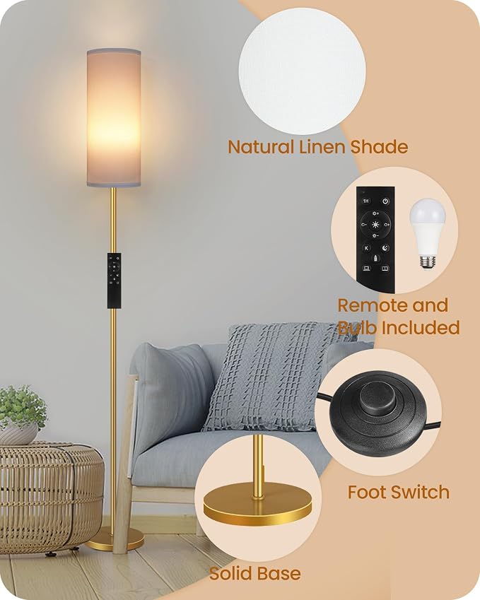 Set of 2 Dimmable Floor Lamps for Living Room with 2 Remotes and Foot Switch, 64.4”Modern Standing Lamp, Corner Lamp for Bedroom, Bulb Included, 3000K-6500K, White and Gold DCW06LDP205W1