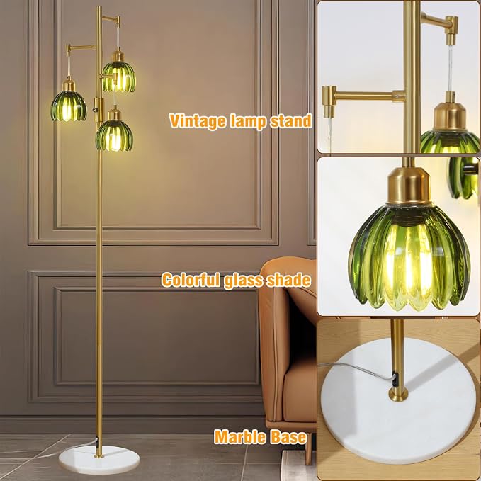 Dimmable Gold Floor Lamp,3-Light Vintage Retro Tree Floor Lamp,Farmhouse Standing Lamp with 3 Elegant Glass Green Flower lampshades for Living Room Bedroom (Brass Gold)