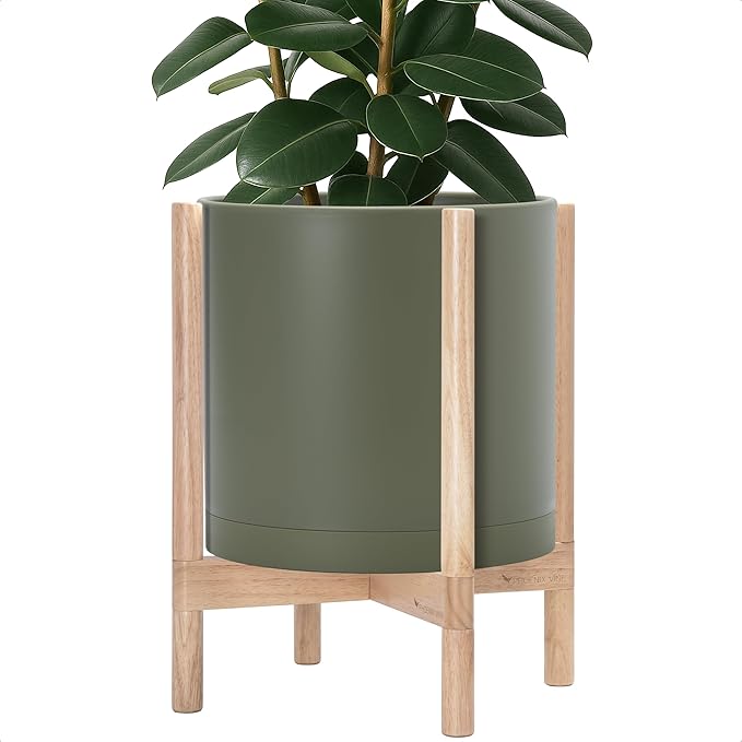 D'vine Dev Planter Pot with Stand - 14 Inch Plastic Cylinder Flower Pot with Wood Planter Holder for Indoor, Olive Pot + Natural Stand, 55-C-S-3
