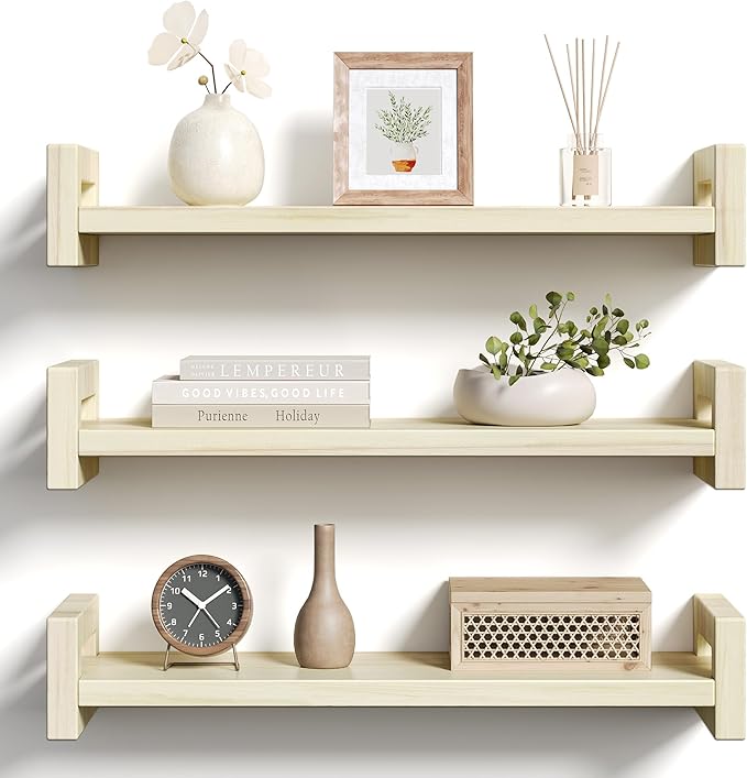 Vailando Floating Shelves for Wall, Set of 3 Solid Wood Wall Mounted Shelves, 16" Rustic Poplar Display Shelf for Bedroom, Living Room, Bathroom, and Kitchen Decor - Heavy-Duty & Natural Pine