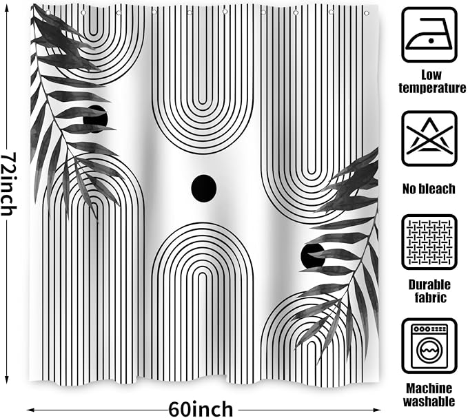 Boho Mid Century Modern Shower Curtain, Abstract Arch Leaf Minimalist Sun Black and White Machine Washable Waterproof Fabric for Bathroom Decor Bathtub with Hooks 60Wx72H