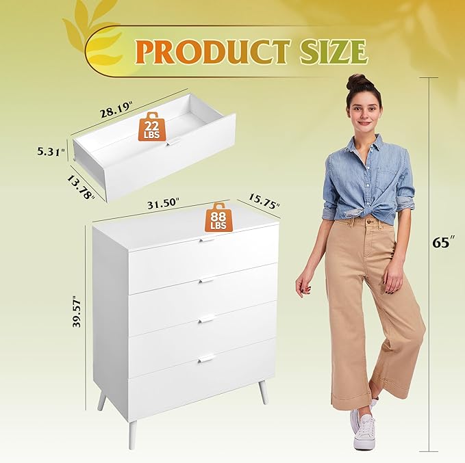 WLIVE 4 Drawer Dresser for Bedroom, Wooden White Tall Dresser, Modern Dressers with Sturdy Metal Handle, Small Chest of Drawers for Living Room, Hallway