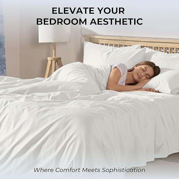 100% Natural Cotton Bed Sheets | 500 TC Single-Ply Sateen Weave Full Size Sheets | Soft, Breathable, Hypoallergenic Solid 4-Piece Bedding with Deep Pocket Fitted, Flat, Pillowcase | White