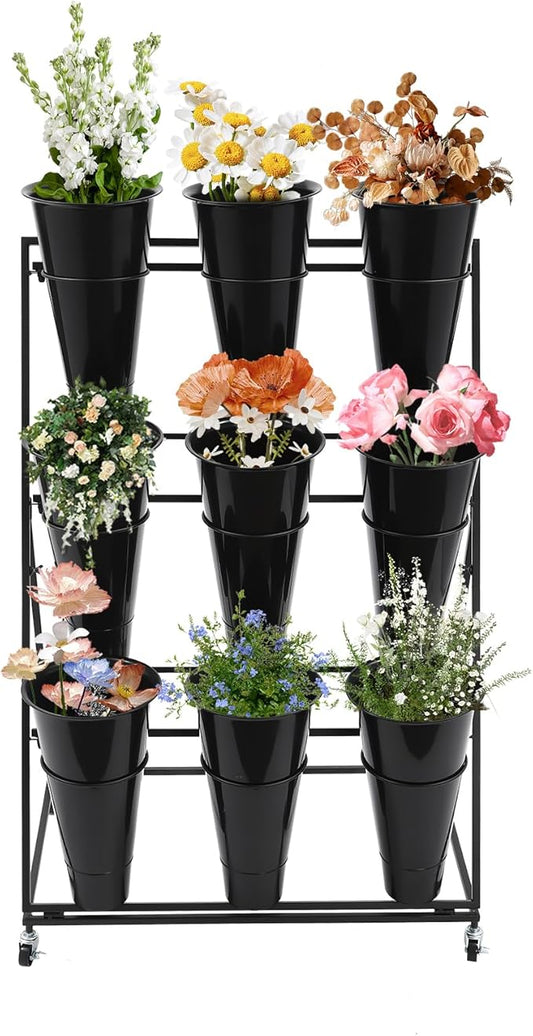 Flower Display Stand with 9 Buckets, 3 Layer Metal Plant Stand Indoor with Wheels, Heavy Duty Moving Flower Cart Flower Rack for Outdoor Patio, Garden, Florist