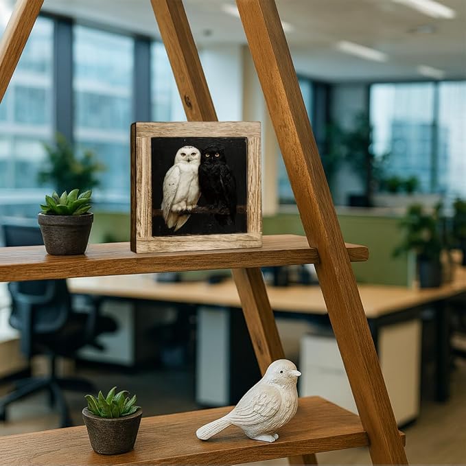 Vintage Owl Pair Wooden Desktop Sign, Dark Academia Owl Bird Wood Plaque Tabletop Decor, Gothic Woodland Wildlife Wooden Sign for Bedroom Living Room Office Shelf