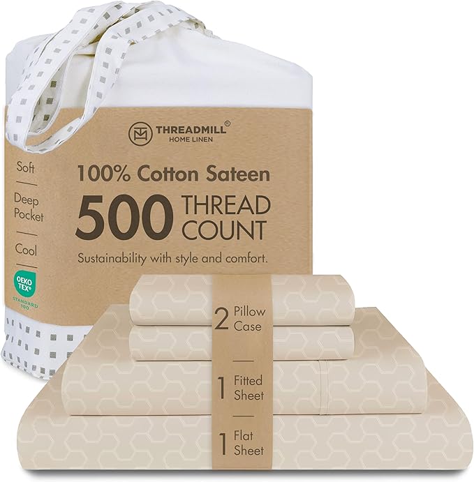 Threadmill 100% Cotton Sheets for King Size Bed | Damask Sateen All-Season 500Thread Count 4 Pc King Bed Sheets Set | Soft, Breathable Hotel Quality | Snug Fit Elastic Deep Pocket King Sheets | Beige