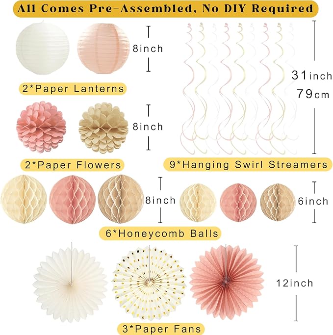 Boho Pink Happy Birthday Decorations, Pre-Strung Happy Birthday Banner with Honeycomb Balls, Paper Flowers, Lanterns, Fans, Hanging Swirls, Circle Dots Garland for Birthdays Party Decorations 24pcs