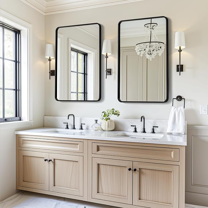 USHOWER 2-Pack Black Bathroom Mirrors for Over Sink 24 x 36 Inch, Metal Frame Rectangle Wall Mirror, Modern Farmhouse Vanity Mirror, Wall Mounted