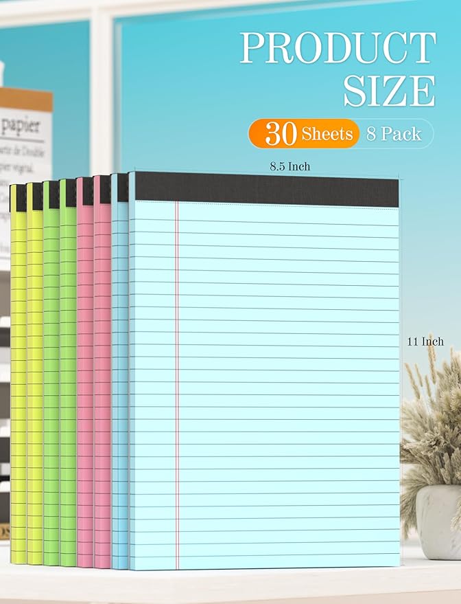 Zaviko 8 Pack Legal Pads 8.5 x 11, Notepads 8.5 x 11, Colored Note Pads 8.5x11 Writing Pads, Colored Legal Pads Wide Ruled, Lined Paper Pads 8.5x11, Double-Sided Pads of Paper, 30 Sheets/Pad